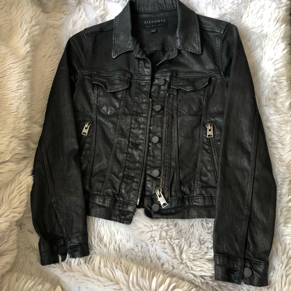 All Saints coated denim biker jacket